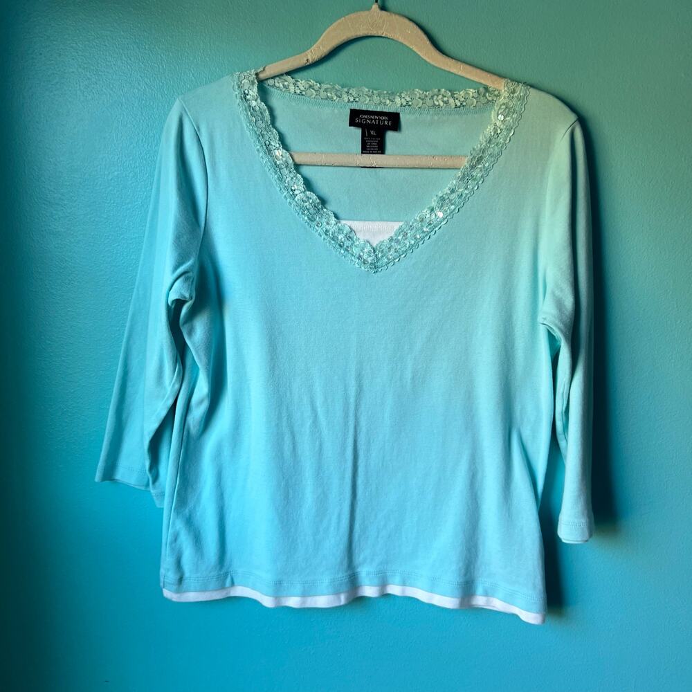 Jones New York Signature Shirt Mint Green Women's Size XL Glitter along collar